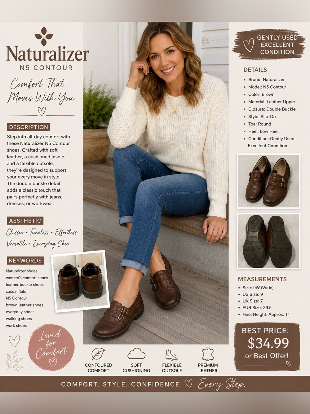 Naturalizer Brown Leather Slip-On Loafers with Buckle Detail